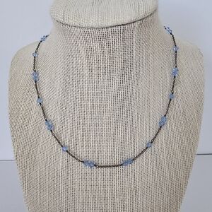 Dainty Chocker Silver Tone Metal chain Blue Crystal Beads